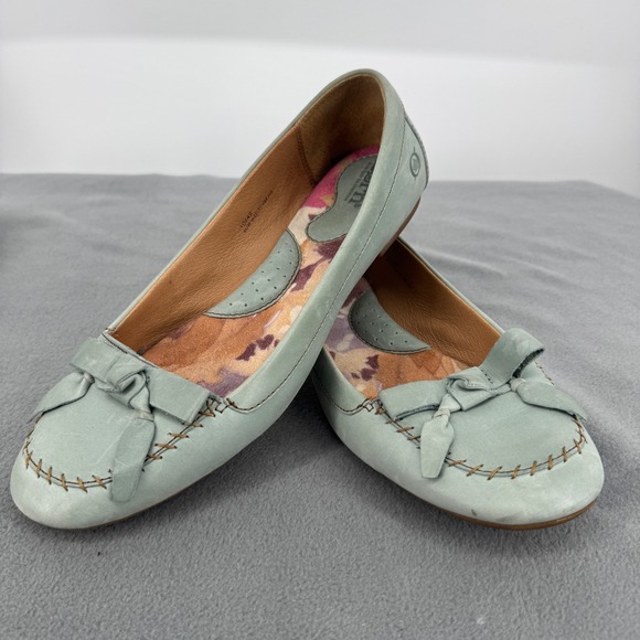 Born Shoes - Born Womens 10 EU 42 Leather Ballet Flats Sage Green Bow Comfort Shoes Loafer